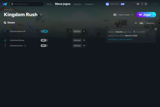 Captura de tela de cheats do Kingdom Rush