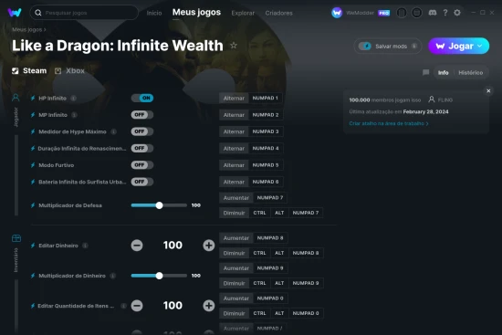 Captura de tela de cheats do Like a Dragon: Infinite Wealth