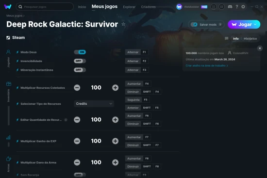 Captura de tela de cheats do Deep Rock Galactic: Survivor