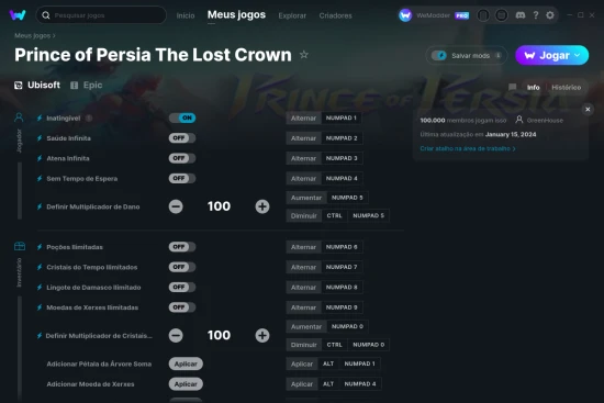 Captura de tela de cheats do Prince of Persia The Lost Crown
