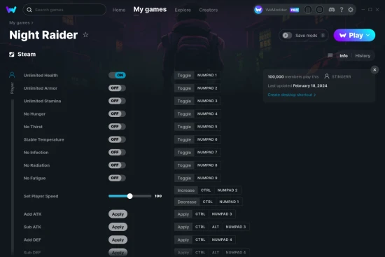 Night Raider cheats screenshot