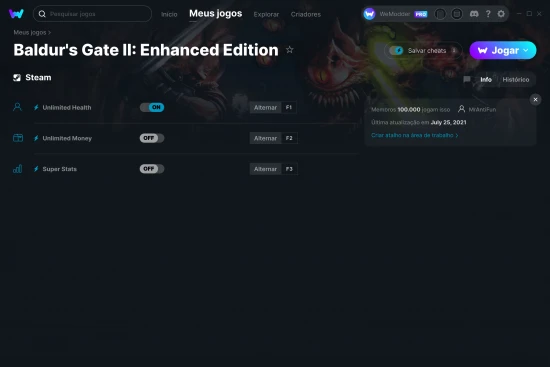 Captura de tela de cheats do Baldur's Gate II: Enhanced Edition
