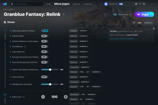 Captura de tela de cheats do Granblue Fantasy: Relink
