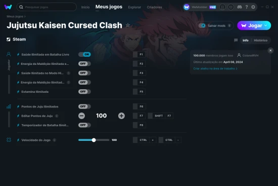 Captura de tela de cheats do Jujutsu Kaisen Cursed Clash