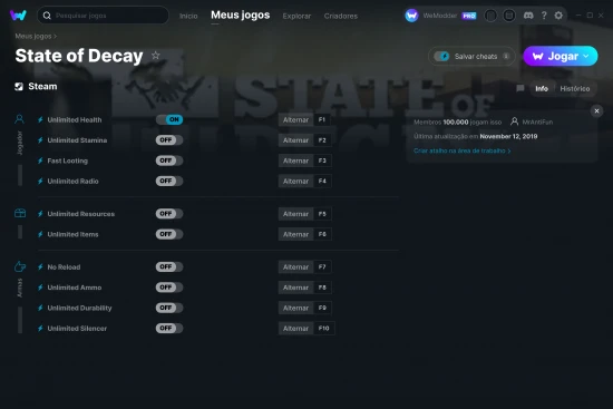 Captura de tela de cheats do State of Decay