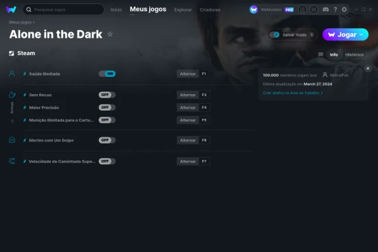 Captura de tela de cheats do Alone in the Dark