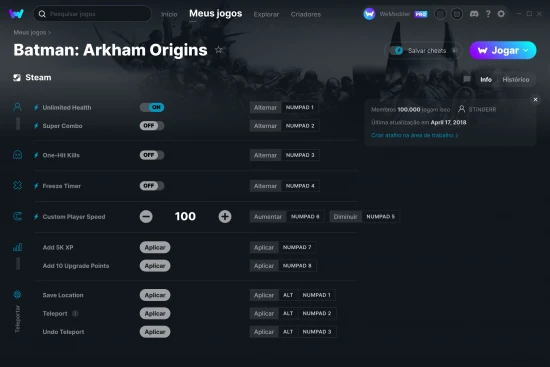 Captura de tela de cheats do Batman: Arkham Origins