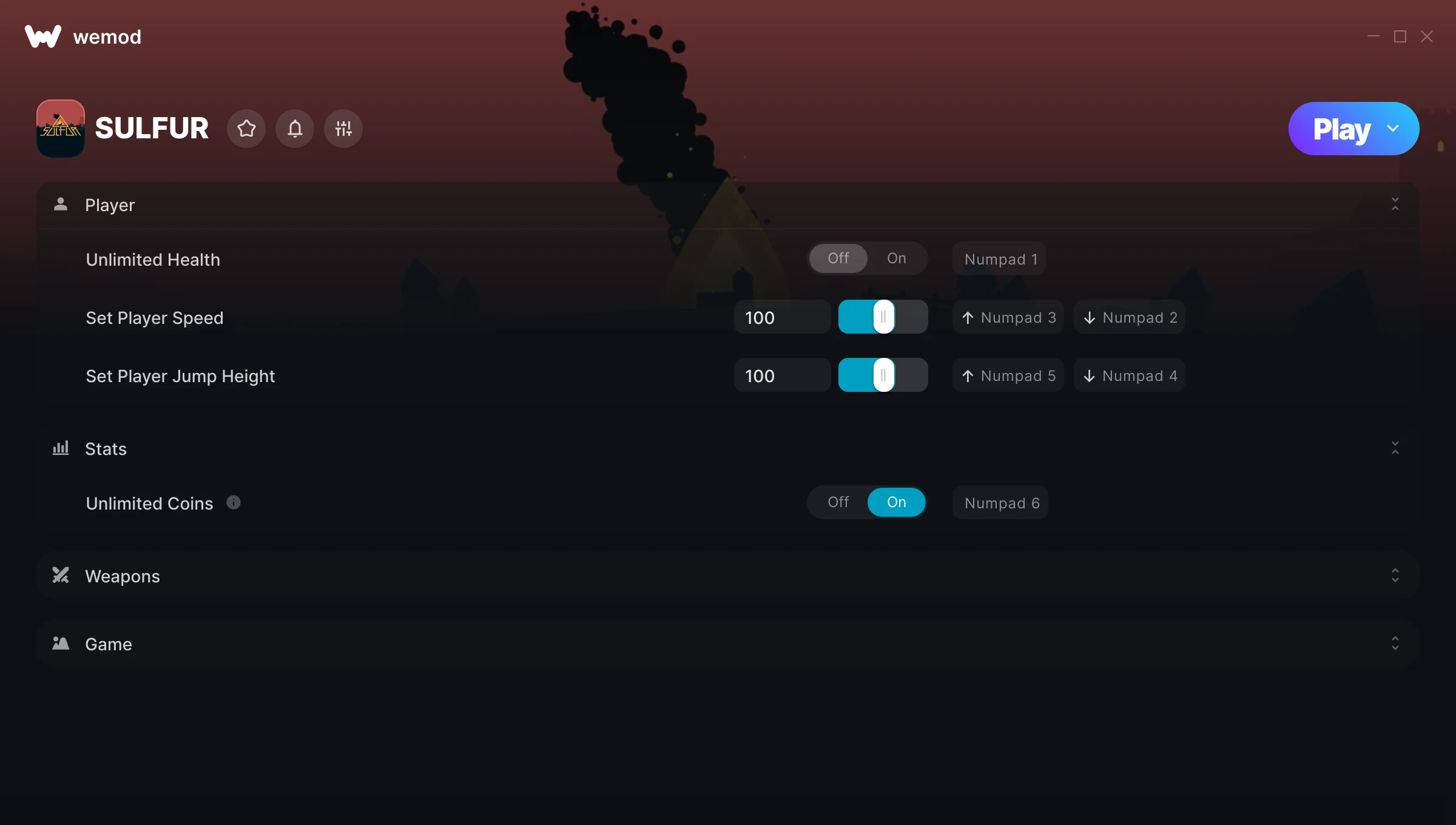 SULFUR cheats screenshot