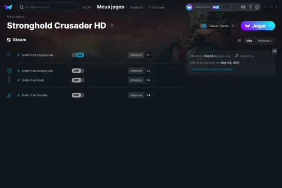 Captura de tela de cheats do Stronghold Crusader HD