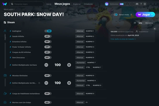 Captura de tela de cheats do SOUTH PARK: SNOW DAY!