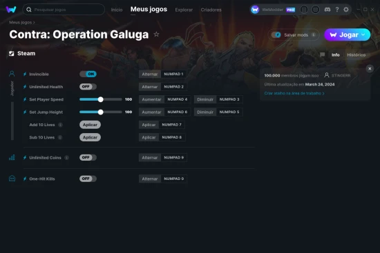 Captura de tela de cheats do Contra: Operation Galuga