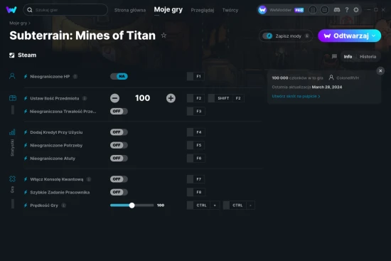 cheaty Subterrain: Mines of Titan zrzut ekranu