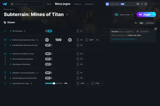 Captura de tela de cheats do Subterrain: Mines of Titan