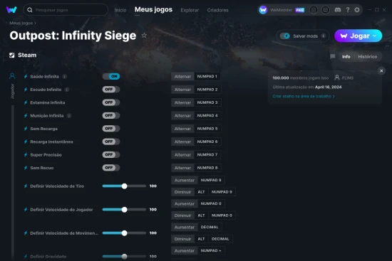 Captura de tela de cheats do Outpost: Infinity Siege