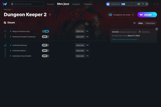 Capture d'écran de triches de Dungeon Keeper 2