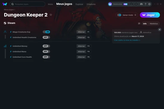 Captura de tela de cheats do Dungeon Keeper 2