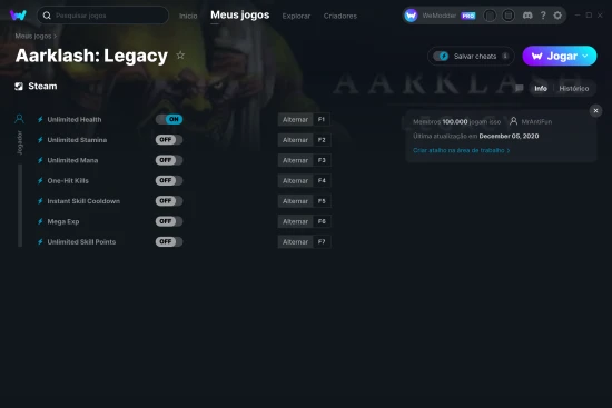 Captura de tela de cheats do Aarklash: Legacy