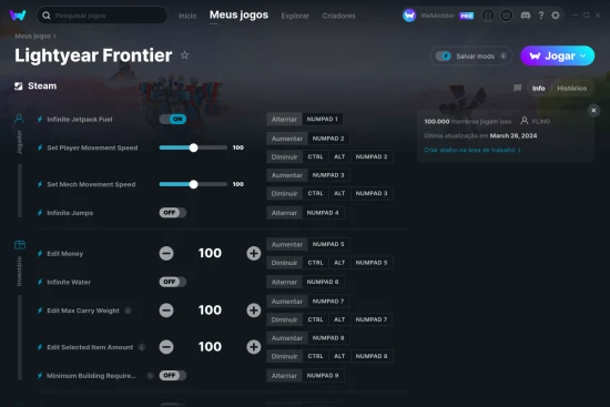 Captura de tela de cheats do Lightyear Frontier