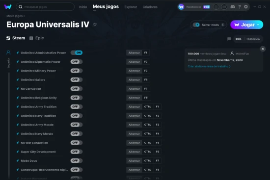 Captura de tela de cheats do Europa Universalis IV