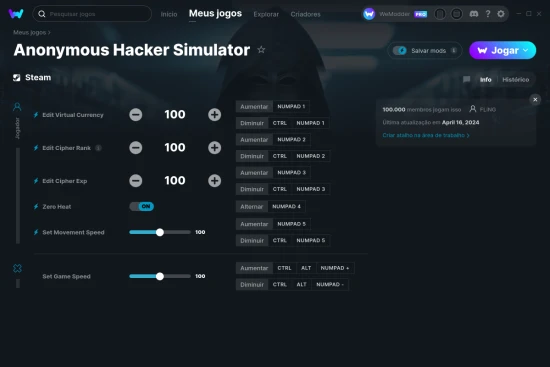Captura de tela de cheats do Anonymous Hacker Simulator