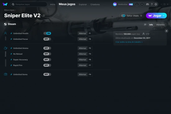 Captura de tela de cheats do Sniper Elite V2