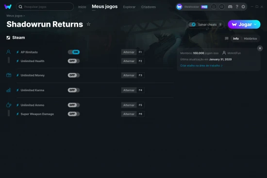 Captura de tela de cheats do Shadowrun Returns