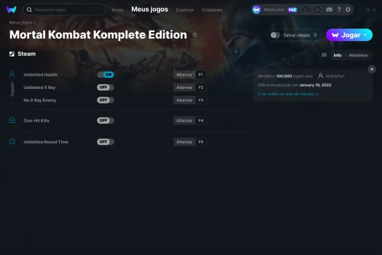Captura de tela de cheats do Mortal Kombat Komplete Edition