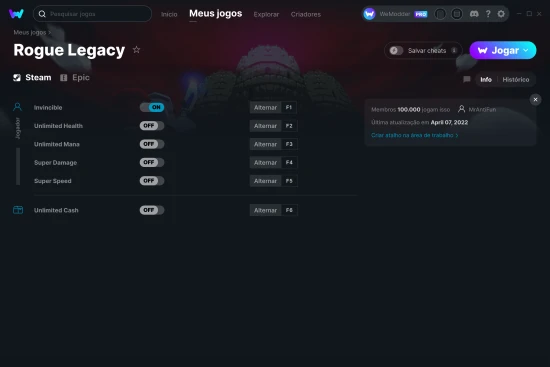 Captura de tela de cheats do Rogue Legacy
