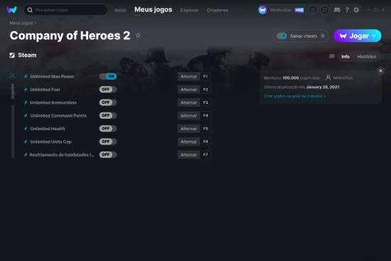 Captura de tela de cheats do Company of Heroes 2