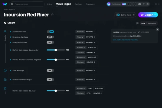 Captura de tela de cheats do Incursion Red River
