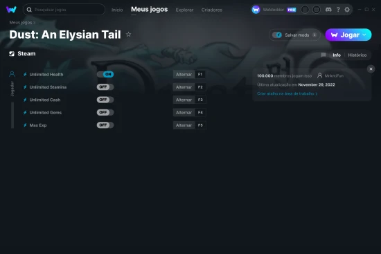 Captura de tela de cheats do Dust: An Elysian Tail