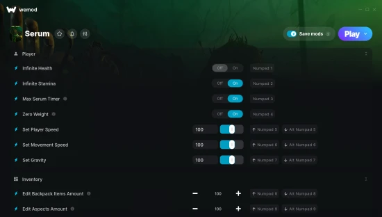 Serum cheats screenshot