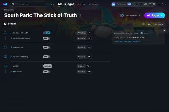 Captura de tela de cheats do South Park: The Stick of Truth