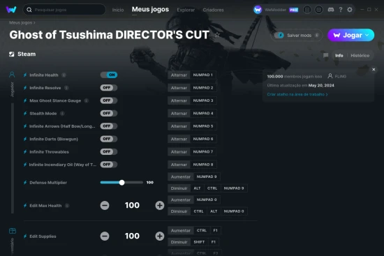 Captura de tela de cheats do Ghost of Tsushima DIRECTOR'S CUT