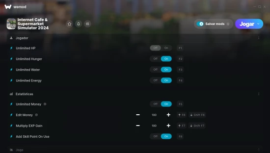 Captura de tela de cheats do Internet Cafe & Supermarket Simulator 2024