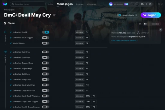 Captura de tela de cheats do DmC: Devil May Cry