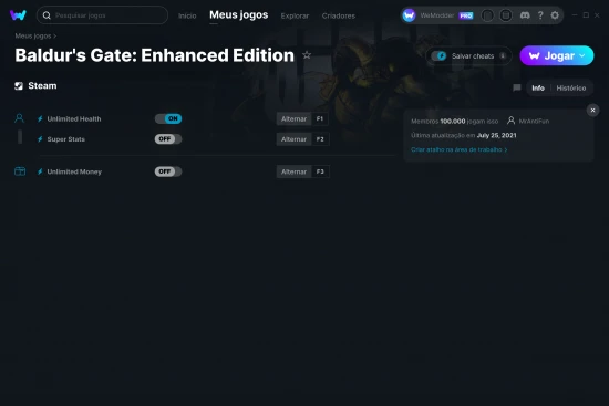 Captura de tela de cheats do Baldur's Gate: Enhanced Edition