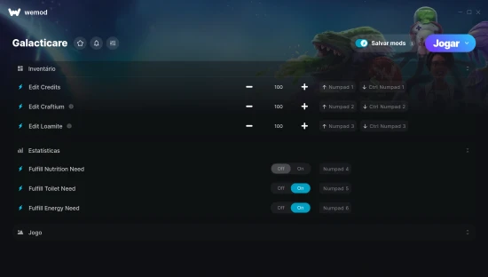 Captura de tela de cheats do Galacticare
