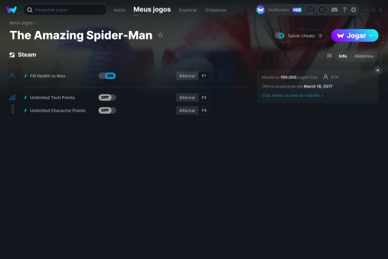 Captura de tela de cheats do The Amazing Spider-Man
