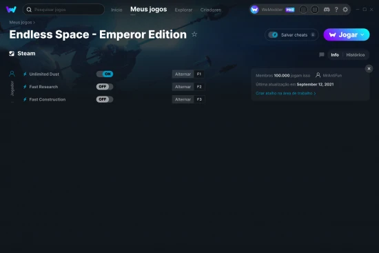 Captura de tela de cheats do Endless Space - Emperor Edition