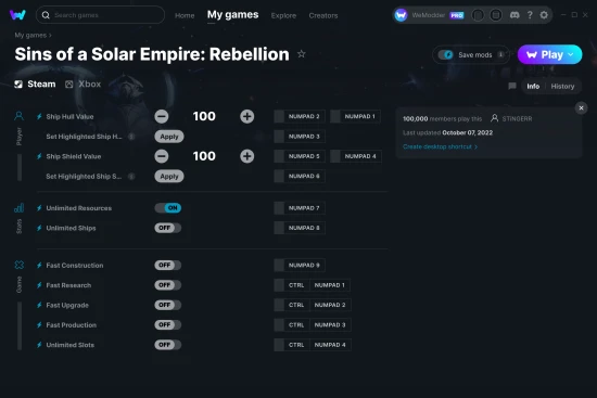 Sins of a Solar Empire: Rebellion cheats screenshot