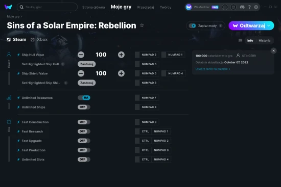 cheaty Sins of a Solar Empire: Rebellion zrzut ekranu