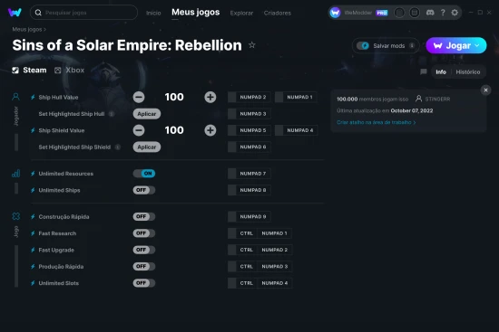 Captura de tela de cheats do Sins of a Solar Empire: Rebellion