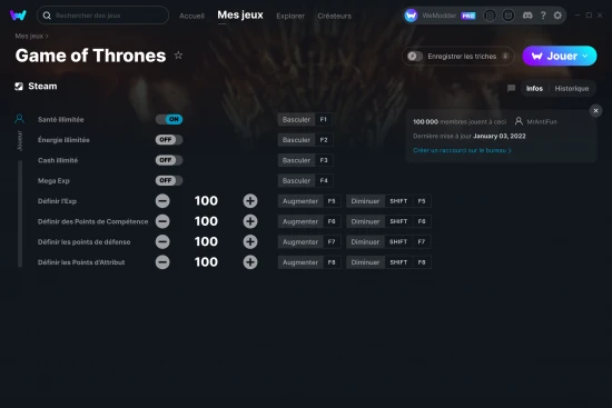 Capture d'écran de triches de Game of Thrones