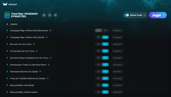 Captura de tela de cheats do Total War: PHARAOH DYNASTIES