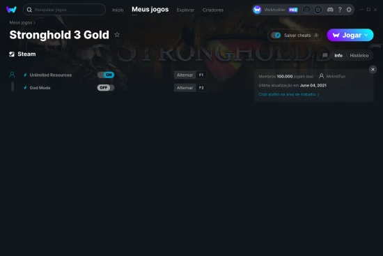 Captura de tela de cheats do Stronghold 3 Gold