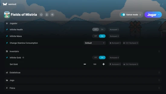 Captura de tela de cheats do Fields of Mistria