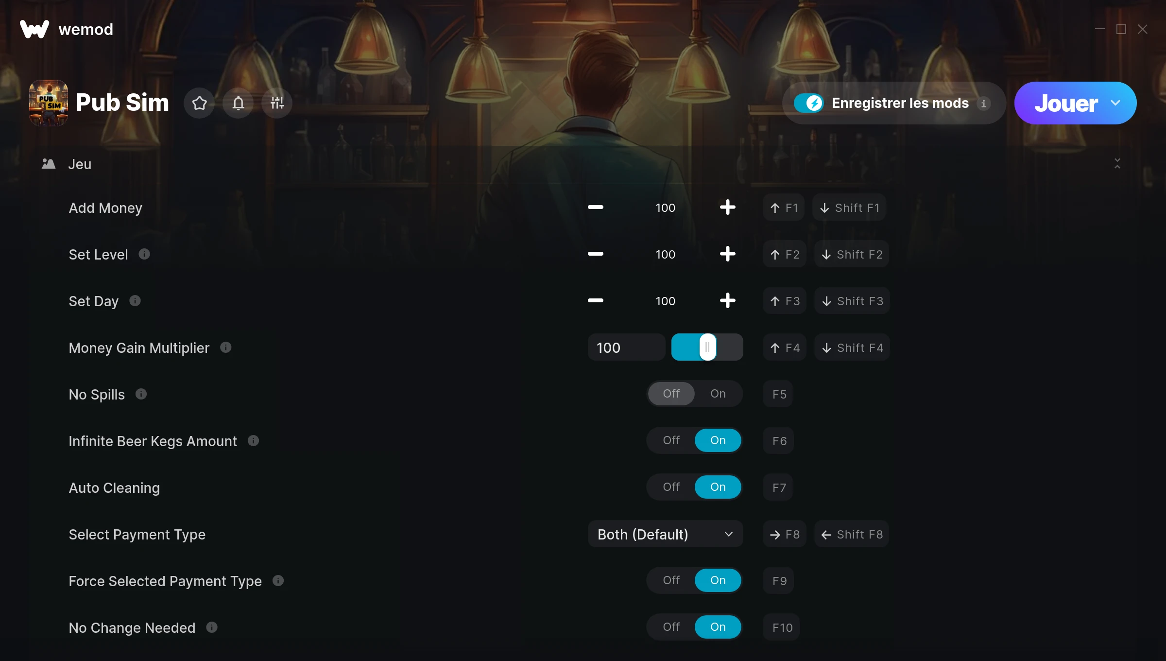 Capture d’écran des cheats pour Pub Sim