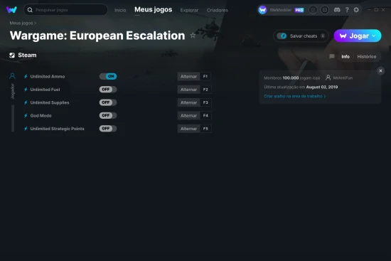 Captura de tela de cheats do Wargame: European Escalation