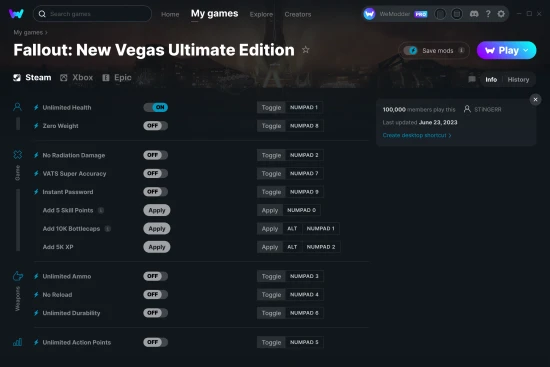 Fallout: New Vegas Ultimate Edition cheats screenshot